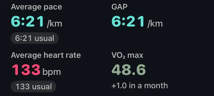Key stats of a run in Aera: average pace, grade-adjusted pace, average heart rate, and VO2 max 48.6 with +1.0 in a month