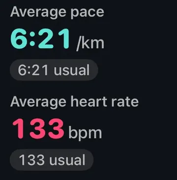 Die Laufübersicht in Aera: Durchschnittstempo 6:21 pro km und Durchschnittspuls 133 bpm, darunter jeweils der übliche Wert