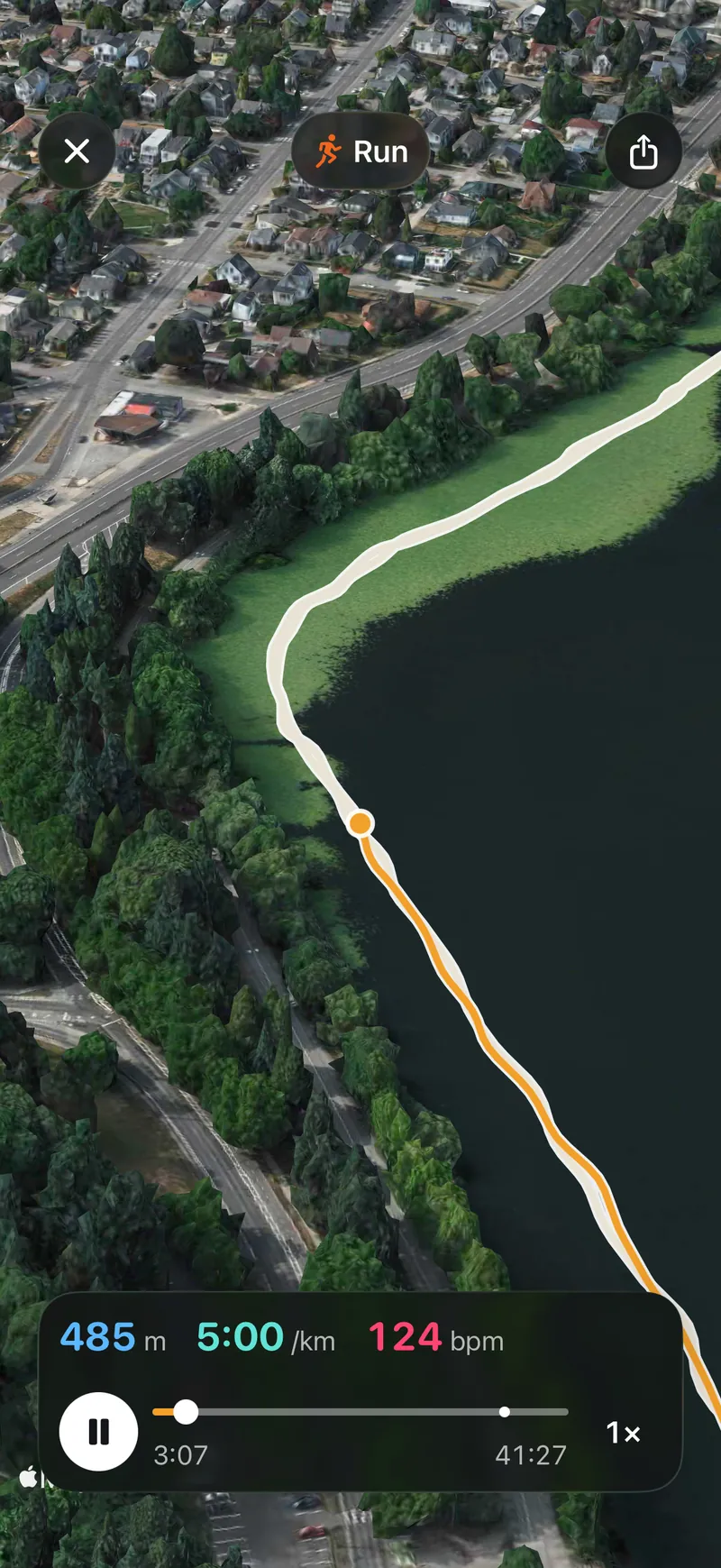 A 3D flyover replay of a recorded run over the real ground, with pace, heart rate and elevation